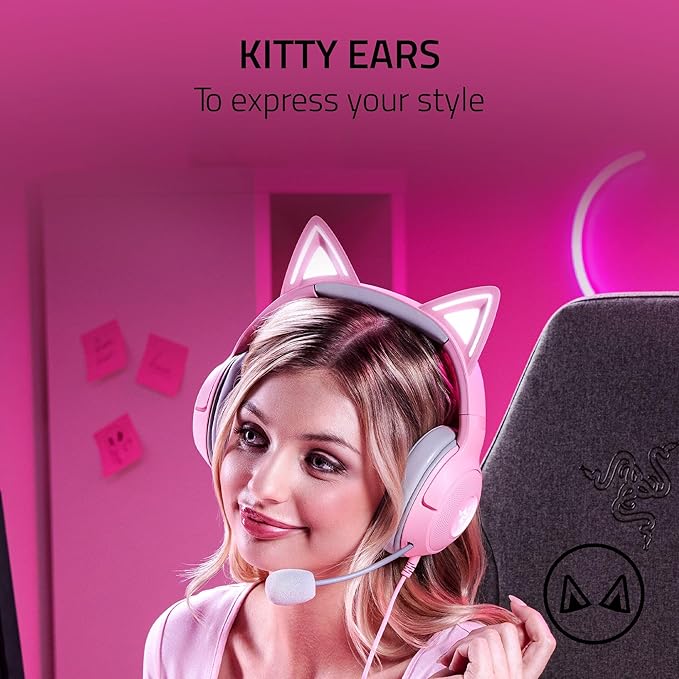 Razer Kraken Kitty V2 USB Wired Headset: Chroma RGB Kitty Ears - Stream Reactive Lighting - HyperClear Cardioid Mic - 40 mm Drivers - 7.1 Surround Sound - Comfortable Ear Cushions - Quartz Pink