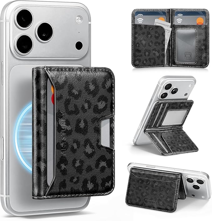 Antsturdy for Magsafe Wallet Stand with Holder,PU Leather RFID Blocking Card Holder,5 Card Slots,Strong Magnet Minimalist Flip Kickstand for iPhone 17/16/15/14/13/12/Pro/Max/Plus/Air,Leopard-Black