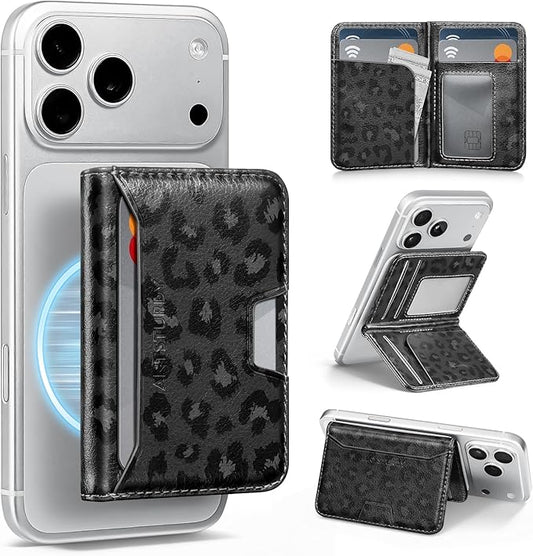 Antsturdy for Magsafe Wallet Stand with Holder,PU Leather RFID Blocking Card Holder,5 Card Slots,Strong Magnet Minimalist Flip Kickstand for iPhone 17/16/15/14/13/12/Pro/Max/Plus/Air,Leopard-Black