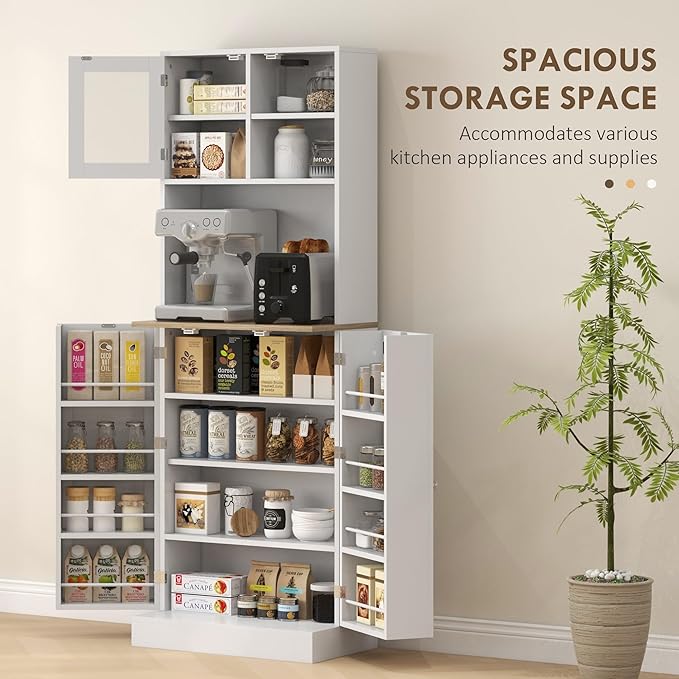 HOMCOM 67" Kitchen Pantry Cabinet with Microwave Shelf, Adjustable Shelves & 8 Door Storage, Modern Compact Kitchen Hutch, Freestanding Food Storage Cabinet with Glass Door for Dining Room, White