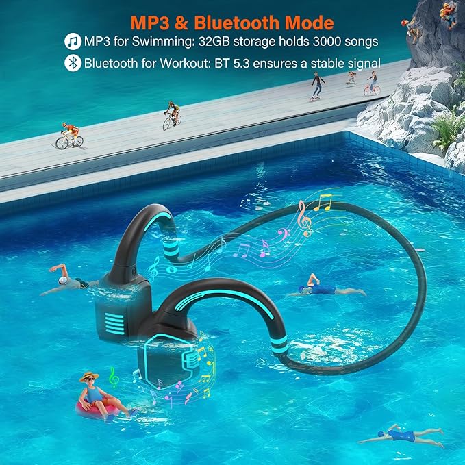Bone Conduction Headphones Swimming Headphone - IP68 Waterproof Open Ear Headphones with MP3 Play 32G Memory Inductive Wireless Bluetooth Sports Headset for Running Swimming (Blue)