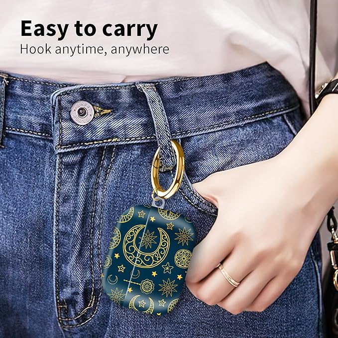 Compatible with Airpod pro 2nd/1st Generation Case Cover with Gold Round Keychain Cute Pattern Hard & Anti Slip Cover for Men Women & Girls（Abstract Moon）