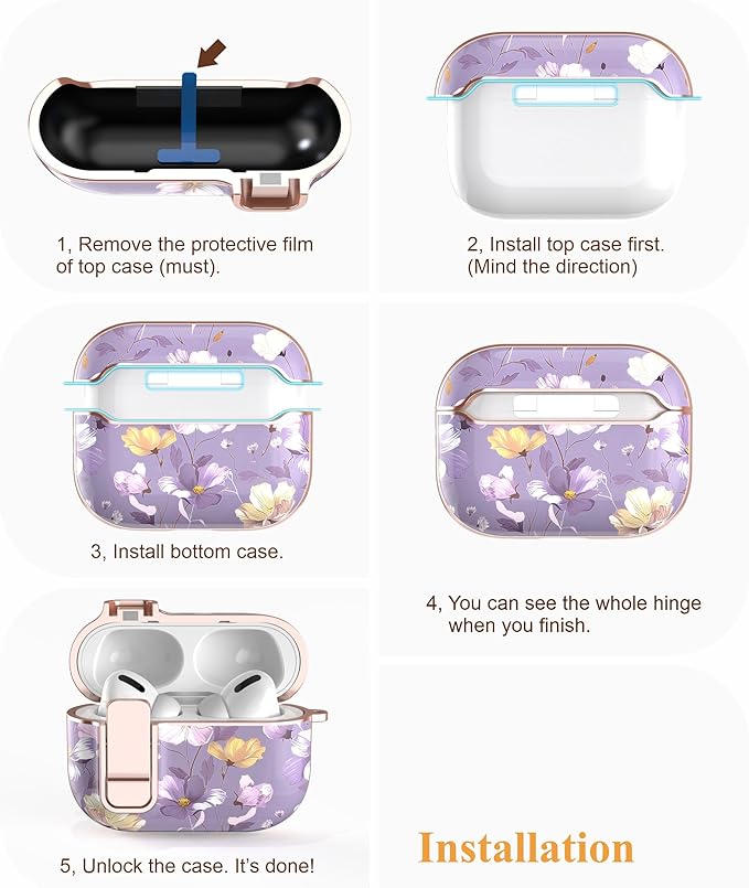 TATOFY for AirPods Pro 2nd Generation Case with Lock Carabiner Cleaner, Slim AirPod Pro 1st & 2nd Hard Case Cover, Compatible with MagSafe (Gray Purple)
