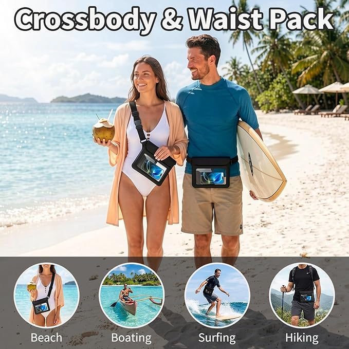 Waterproof Bag Set IPX8 2 Pcs: Black 9.8" Clear Fanny Pack & 7" Waterproof Phone Pouch, Floating Phone Case, Water Proof Dry Bag with Adjustable Strap for Beach Swim Kayak Boat Cruise Essentials