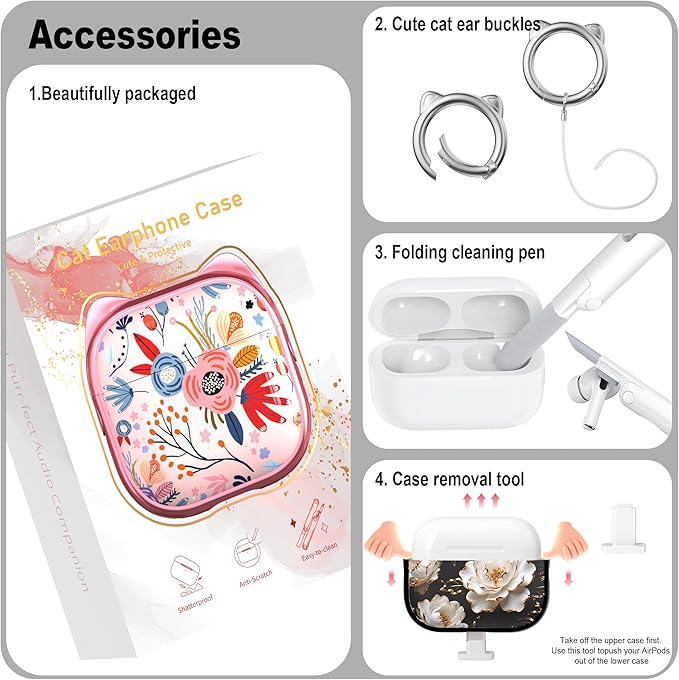 RFUNGUANGO is Compatible with AirPods Pro 3 Protective case, with Mobile Phone Holder Function, Multiple Colors Available, Suitable for AirPods Pro 3 Protective case,Black + Peonies