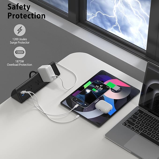 Jgstkcity Desk Clamp Power Strip,20W Fast Charging Station,Surge Protector Nightstand Edge Mount,1875W Extension Cord with Multiple Outlets,2 USB-C,2 USB-A,for Home Office (Black, 6 FT)
