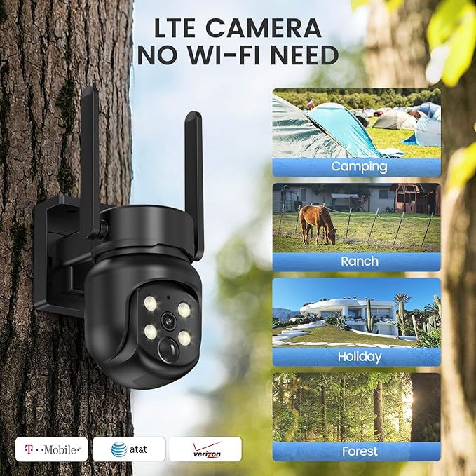 4G Cellular Wireless Outdoor 360° View Security Camera, No WiFi Needed, SIM Included, Solar & 9000 mAh Battery, 2K, PIR Alerts, Night Vision, IP65, SD/Cloud Storage