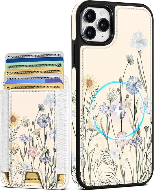 Shorogyt for iPhone 11 Pro Max Wallet Case - Fits 5 Cards, Compatible with Magsafe Magnetic Credit Card Holder Leather Cardholder Cute Phone Cover Women Girls for Apple 11 ProMax, Color Flower