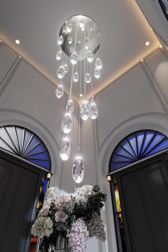 20 Lights Large Chandelie for High Ceiling Siver Pendant Light Fixture with Dimmable Big Crystal Chandelier for Staircase Foyer Villa