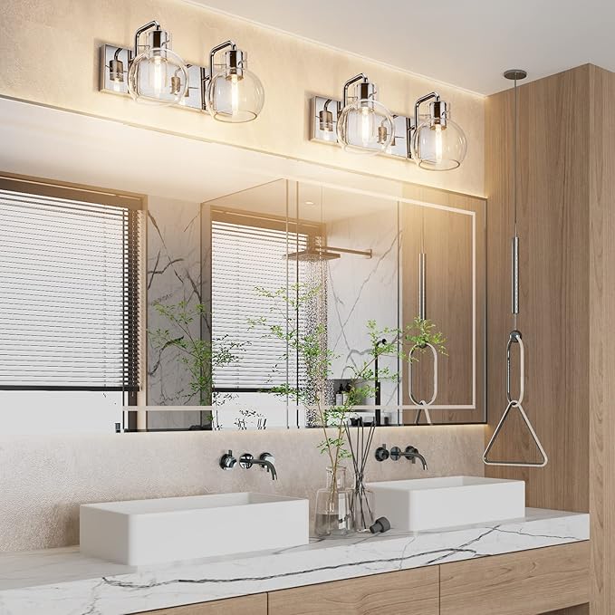 Tipace Chrome Vintage Bathroom Vanity Light,2 Lights Modern Stainless Steel with Globe Clear Glass Bathroom Light Fixtures Industrial Wall Mount Lighting Sconce(Exclude Bulb)