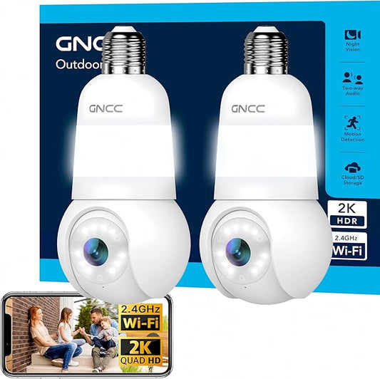 GNCC 2K Light Bulb Security Camera, 2.4GHz Only, 355° Wireless Outdoor Camera, Full-Color Night Vision, Motion Detection, Easy Install, Local & Cloud Storage Requires Subscription (2-Pack, White)
