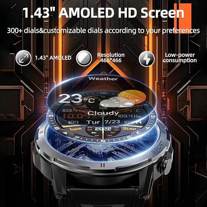 Smart Watch for Women Men, 1.43" AMOLED Smartwatch with Bluetooth Calling Heart Rate/Blood Oxygen/Sleep/Stress Monitoring Multi Sports Modes IP68 Waterproof (Black)