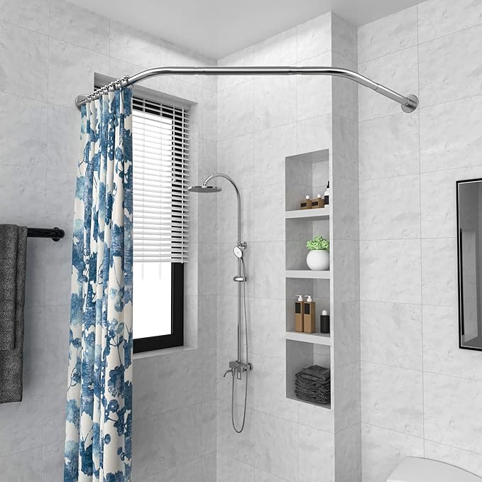 Corner Shower Curtain Rod Adjustable Stainless Steel Diamond Shaped Rack Drill Free Install for Bathroom, Bathtub, Clothing Store (Diamond Shaped, Both Sides: 17"-25.6",Middle:20"-26)