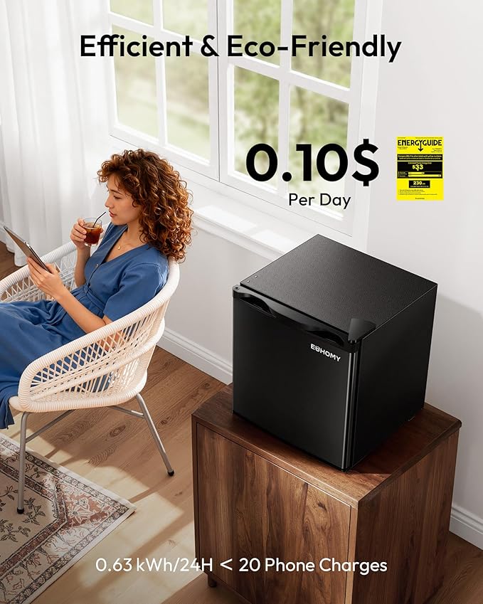 EUHOMY 1.7 Cu.Ft Mini Fridge with Freezer, Reversible Single Door Compact Refrigerator, Adjustable Thermostat, Energy Saving, Mini Fridge for Bedroom, Office, Dorm, Black