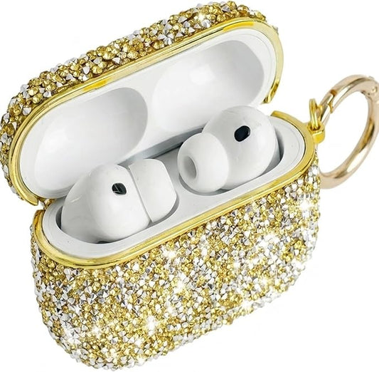 for Cute Glitter AirPods 4 Case for Women| Bling Hard Airpod iPods 4 Cases | with Keychain | Sparkly Rhinestone Air Pods 4 Generation Case for Women Girl- Model A3058/A3059(Gold)