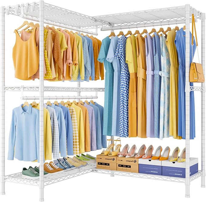E15 Plus Garment Rack L Shaped Clothes Rack for Corner，Freestanding Clothing Racks for Hanging Clothes，Heavy Duty Closet System with 4 Hanging Rods & 8 S Hooks，48.5" W x 35" D x 78.4" H，White