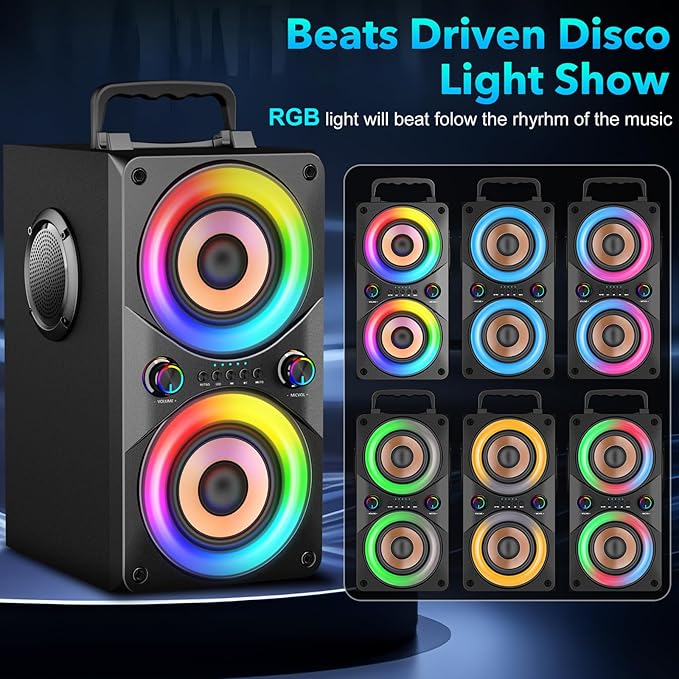 Bluetooth Speaker 100W Portable Big Powerful Deep Bass Loud Sound Wireless Boombox with Subwoofer TWS LED Lights DSP Large Wooden Speakers for Outdoor Home Party