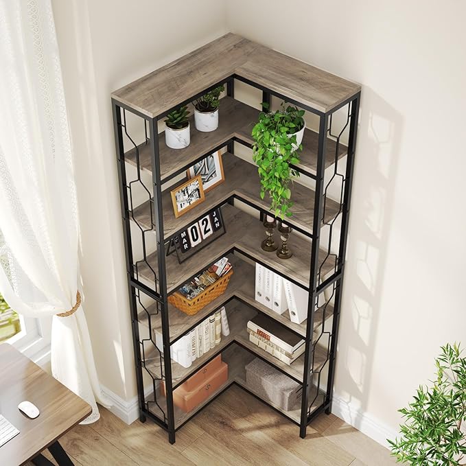 Tribesigns Corner Shelf, 7-Tier Industrial Corner Bookshelf, Wood and Metal Corner Etagere Bookcase, Freestanding Display Shelf for Living Room, Kitchen, Home Office, Gray