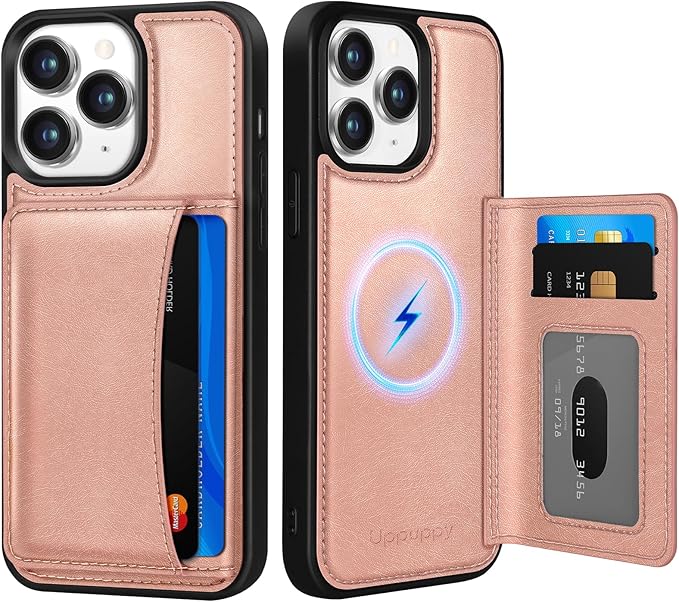 for iPhone 11 Pro Case with Wallet - Fits 4 Card Slots, Compatible with MagSafe for Women Aesthetic Durable PU Leather Credit Card Holder Kickstand Phone Cover for Apple 11 Pro, Rose Gold