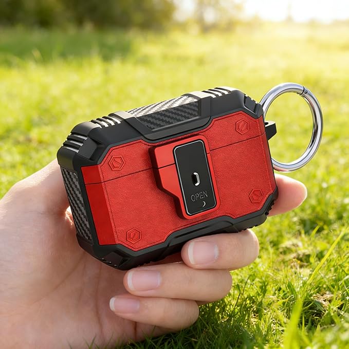 for AirPods Pro 3 Case, Secure Lock Magnetic Lid Cover with Keychain, Military Grade Shockproof Protective Case for Airpods Pro 3rd, Wireless Charging & Front LED Visible, Red Black