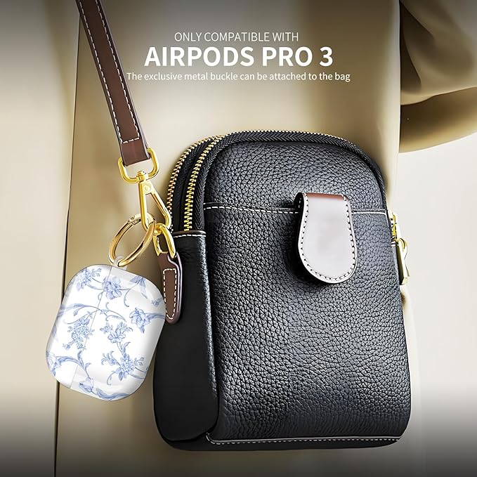 Compatible with AirPod Pro 3 (2025),Cute Case Cover for Women & Men, Full Protection Shockproof Hard Case with Keychain, Wireless Charging Case Accessories(Blue Flowers)