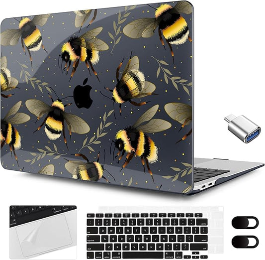 MEEgoodo for MacBook Air 13.3 inch Case 2021 2020 2019 2018 A2337 M1 A2179 A1932, Laptop Shell with Keyboard Webcam Cover & Trackpad Film & Type C Adapter for MacBook Air M1, Bumblebee & Leaves
