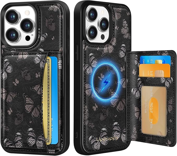 for iPhone 15 Pro Case with Wallet - Fits 4 Card Slots,Compatible with MagSafe for Women Aesthetic Durable PU Leather Credit Card Holder Kickstand Phone Cover for Apple 15 Pro, Black Butterfly