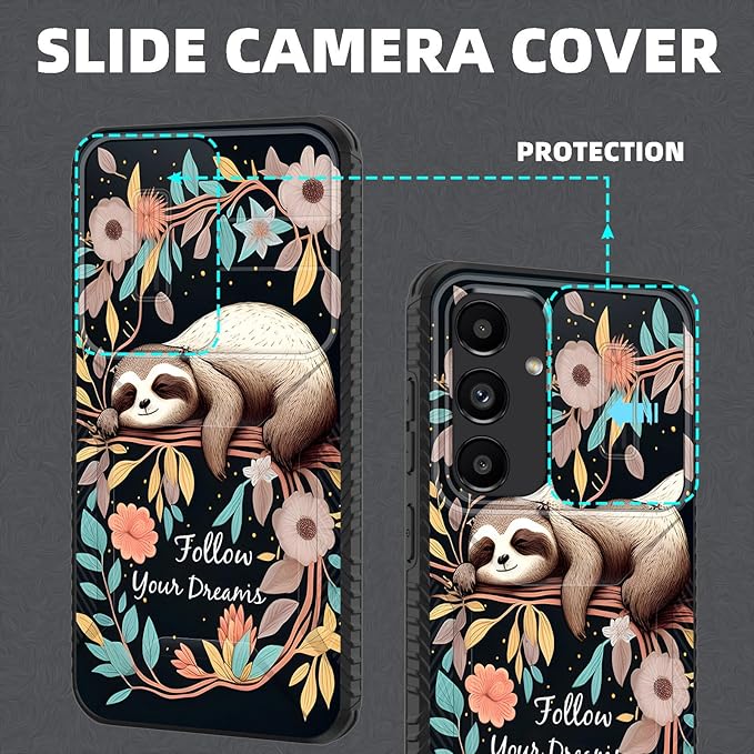 for Galaxy S25 FE Case Built in Slide Camera Lens Cover,Heavy Duty Shockproof Protection Dual Layer Case for Samsung Galaxy S25 FE 6.7" 2025,Cute Baby Sloth On The Tree