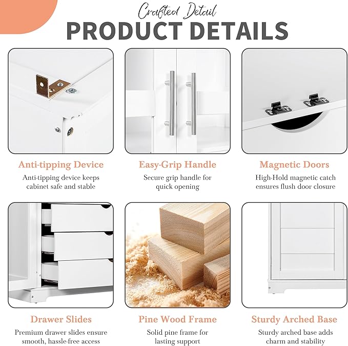 Kitchen Pantry Cabinet 44.7Wx20Dx75H inch, Freestanding Storage Display Cabinets with Glass Doors and 4 Built-in Drawers for Living Room, Home Office,White