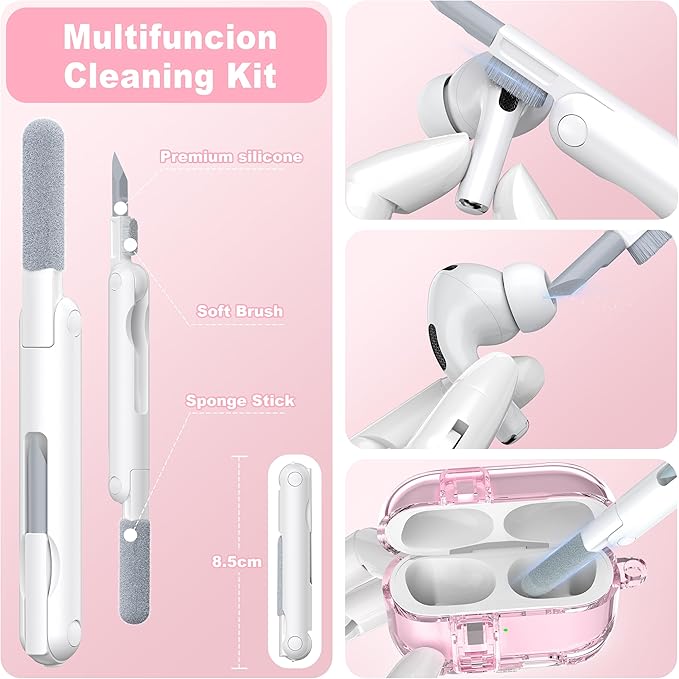 for AirPods Pro 2nd Generation Case, Military-Grade Shockproof Transparent Anti-Yellowing, Charging Port Dust-Proof & Stand Design with Cleaning Kit for AirPods Pro 2nd Case, Crystal Pink