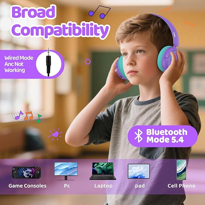 MIDOLA Kids Wireless Headphones Active Noise Cancelling Lightweight Bluetooth Headphone for Kid,Volume Limited 85/94dB Foldable Over-Ear Headset with Mic,68 Hours Playtime,for Toddler Child Purple