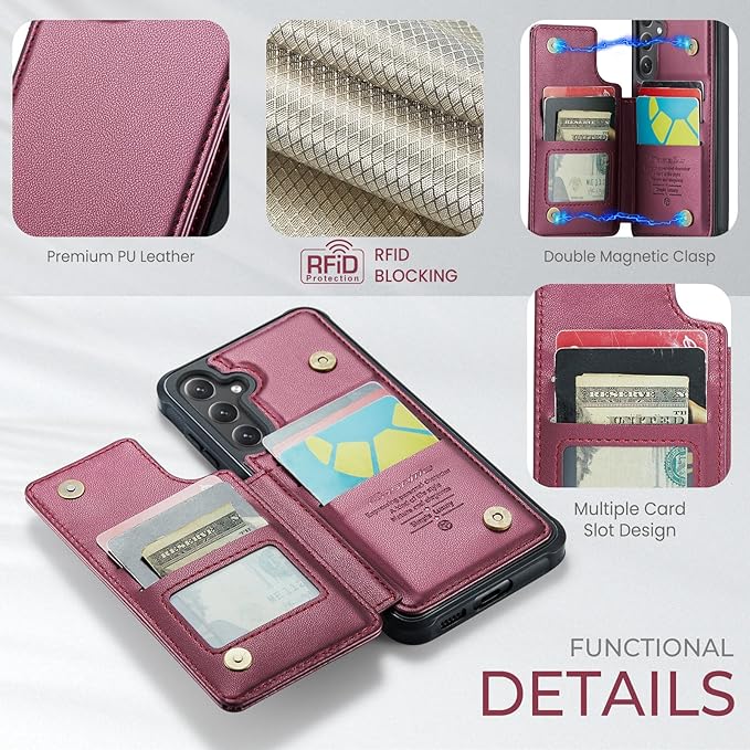 Bemal for Samsung Galaxy S24 Plus Wallet Case with Card Holder, RFID Blocking, Shockproof Leather Kickstand for Men and Women, Durable Protective Phone Cover for 6.7", Wine Red
