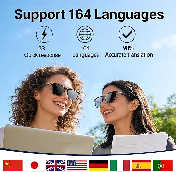 AI Smart Wireless Bluetooth Translation Glasses for Men/Women with Speakers/Bluetooth&140+ Languages Translation Sports/Travel/Drive/Busniess (MK3+AI+Color Change Lenses+Black+Adjustable)