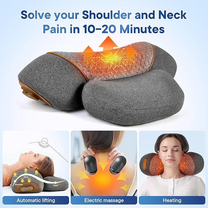 Neck Massager Pillow, 3-in-1 Neck Massager, Traction Massage with Heat, Neck Pillow for Shoulder Pain, Deep Tissue Pain Relief,Rechargeable Pillow，Ideal Gift for Parents