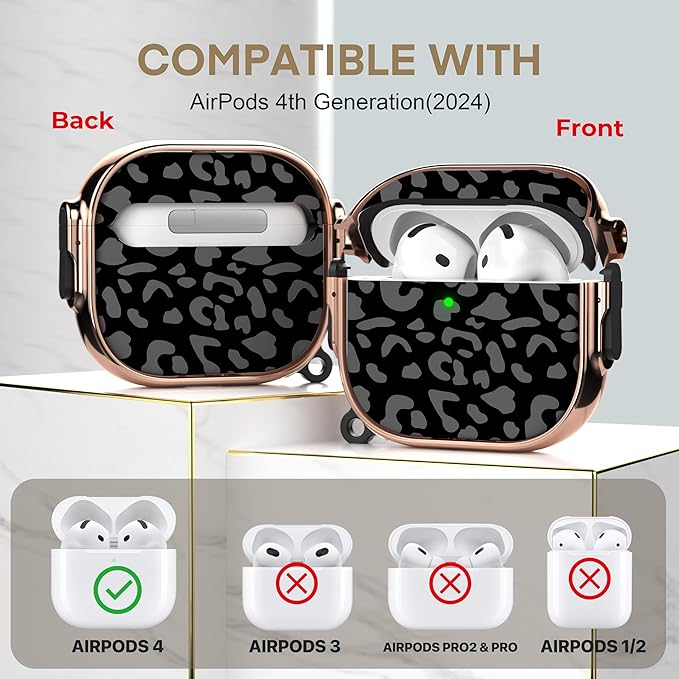 Maxjoy for AirPods 4 Case with Lock, Cute AirPods 4 Case Lock Protective Hard AirPod 4 Generation Cover for Women Men with Keychain Clip for AirPod 4th Generation Cover 2024, Grey Leopard