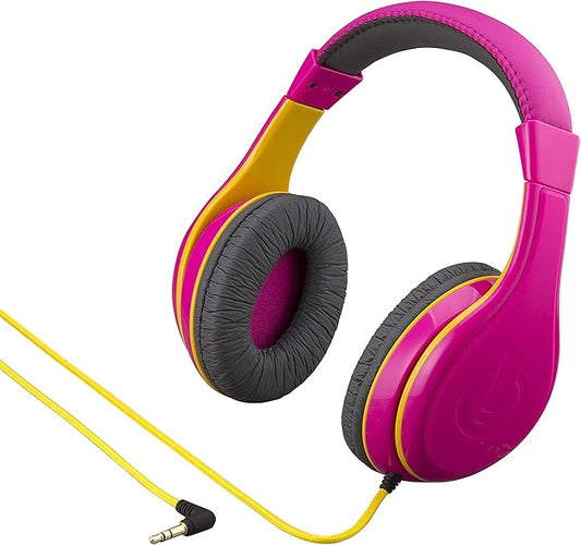eKids Kids Headphones, Stereo Sound, 3.5mm Jack Cord, Wired Headphones for Kids, Tangle-Free, Volume Control, Childrens Earphones Over Ear for Travel Pink