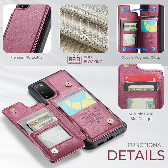 Bemal for Samsung Galaxy S20 FE Wallet Case with Card Holder, RFID Blocking, Shockproof Leather Kickstand for Men and Women, Durable Protective Phone Cover for 6.5", Wine Red
