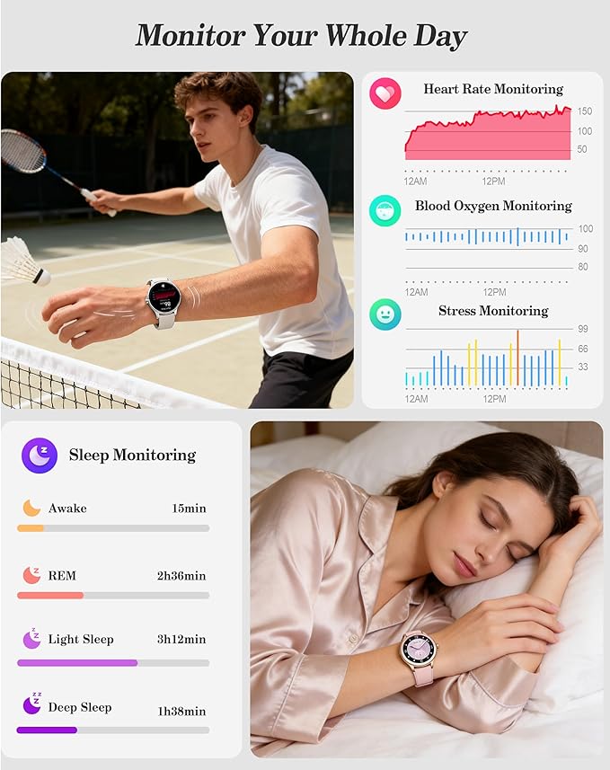 Smart Watch for Women, Ladies & Men, 1.27'' Fitness Watch [41mm case] with Call Receive/Dial, Heart Rate/Stress/Sleep Monitor, AI Voice, IP68 Waterproof Smartwatch with Calculator, Calendar, Games