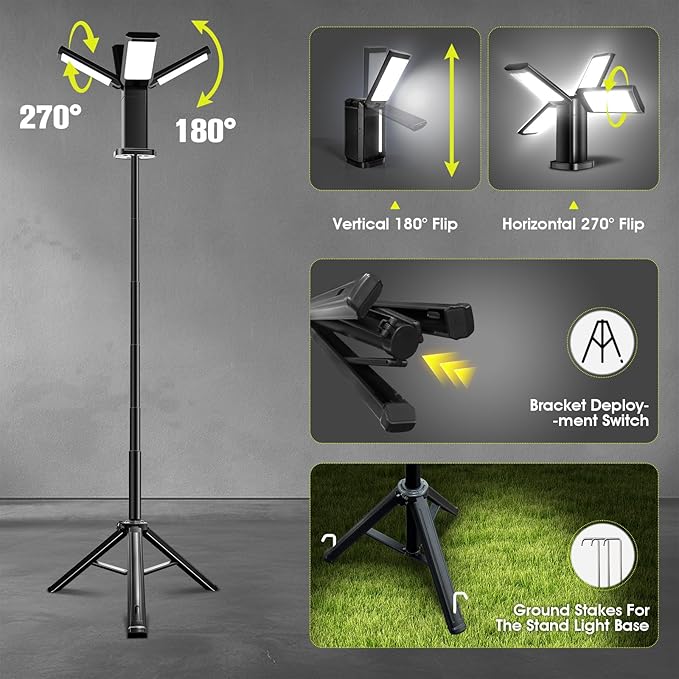 Upgraded Portable Work Light with Remote,4 Head Camping Light with Stand,8000LM Cordless LED Work Lights, Bright Telescopic Camping Lights, 67" Portable Tripod Work Light for Outdoor, Jobsite