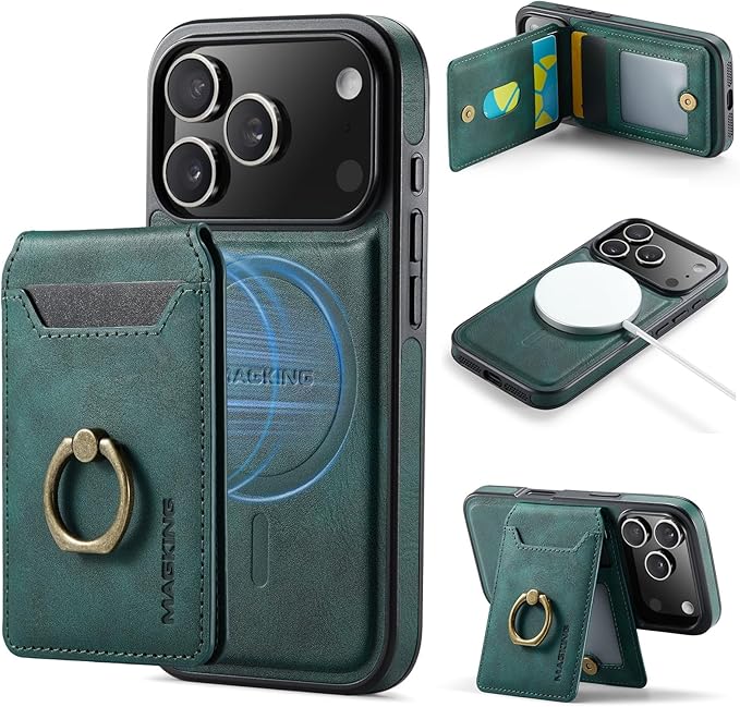 Wallet Case for iPhone 17 Pro, 2 in 1 Strong Magnetic Detachable, Shockproof Phone Case Compatible with MagSafe, Slim Leather Wallet RFID Blocking 5-Card Holder Ring Grip Stand (Green)