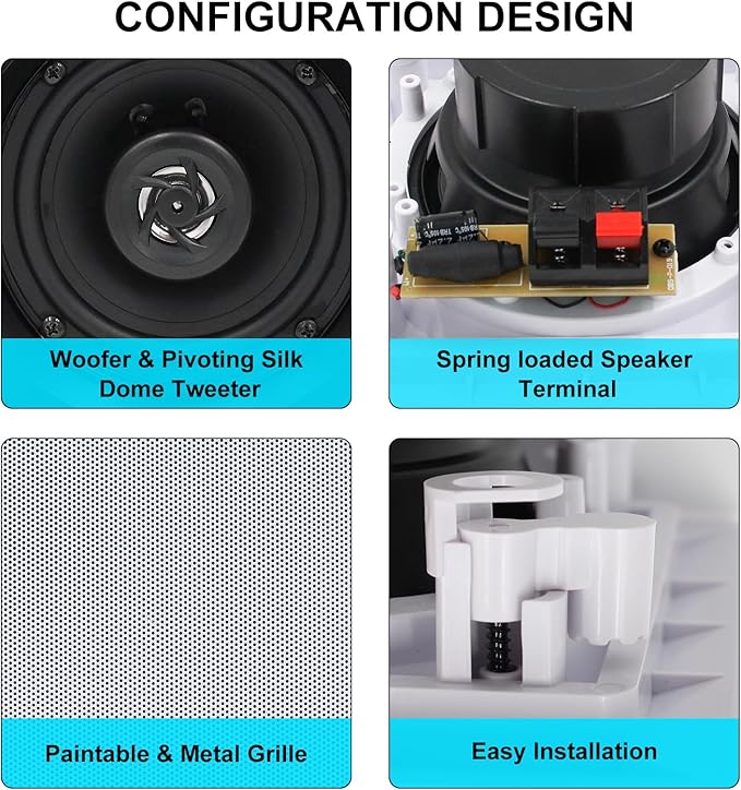 Herdio 5.25 Inches 2-Way Bluetooth Ceiling Speakers with 4 Channel Wall Amplifier, 320W Square in Wall Speaker System for Home Theater Office Kitchen, 2 Pairs