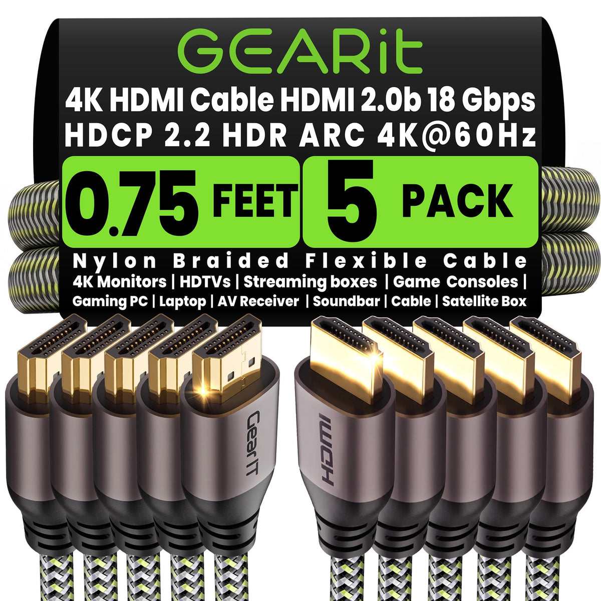 GEARit 4K HDMI Cable 0.75 Ft 5 Pack, High Speed HDMI 2.0b 60Hz Braided