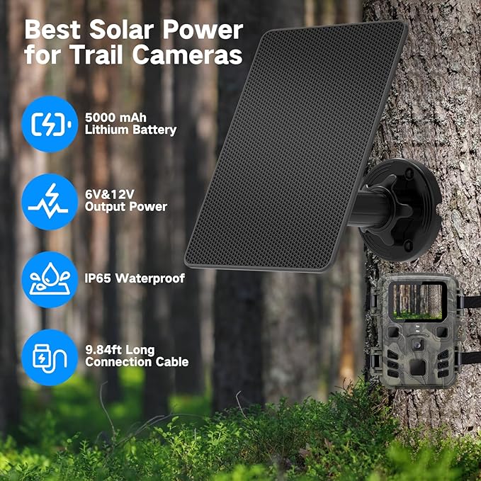 Trail Camera Solar Panel, Built-in 5000mAh Rechargeable Battery Solar Panel for Trail Camera, IP66 Waterproof Solar Charger Kit Hunting Accessory Solar for Trail Cameras - Output Type C/5V DC/6V