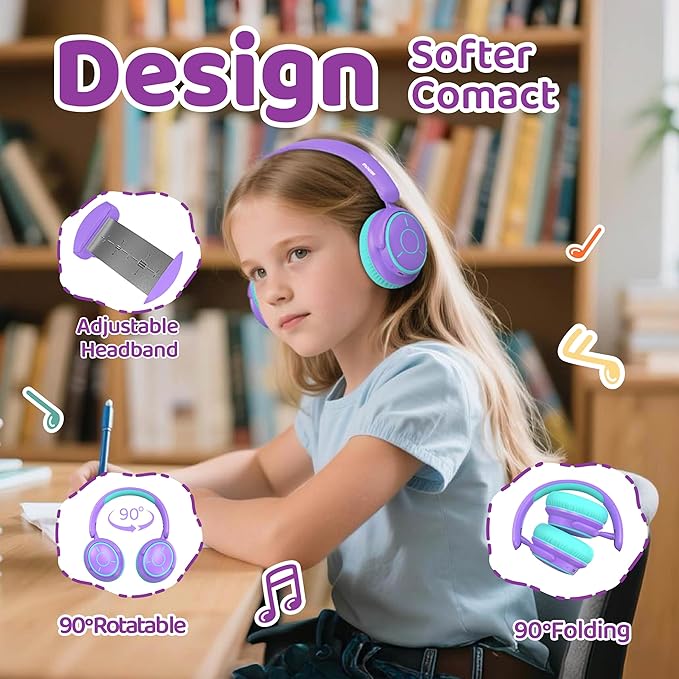 MIDOLA Kids Headphones Bluetooth 5.4 Wireless Volume Limited 85/94dB Hearing Protection Over Ear,68 Hours Playtime Foldable with Cable Aux Wired Built-in Mic for Toddler Child Travel School Purple