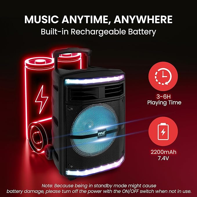 Pyle Portable Bluetooth Speakers with 10 Inch Subwoofer, Wireless Speaker with FM Radio, Karaoke System & Rechargeable Battery, Flashing Party Lights, MP3/USB/Micro SD Readers for Indoor Outdoor Use