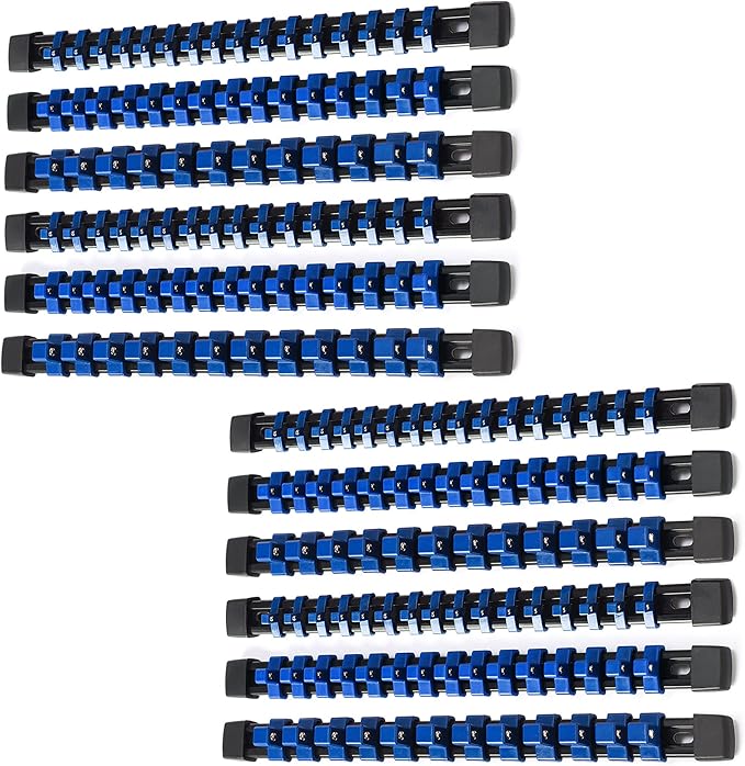 ALOANES 12PC ABS Socket Organizer, Socket Rails Fit 1/2 inch, 3/8 inch and 1/4 inch Drive, Heavy Duty Socket Holders Hold up to 172 Sockets, Black Rails with Blue Clips