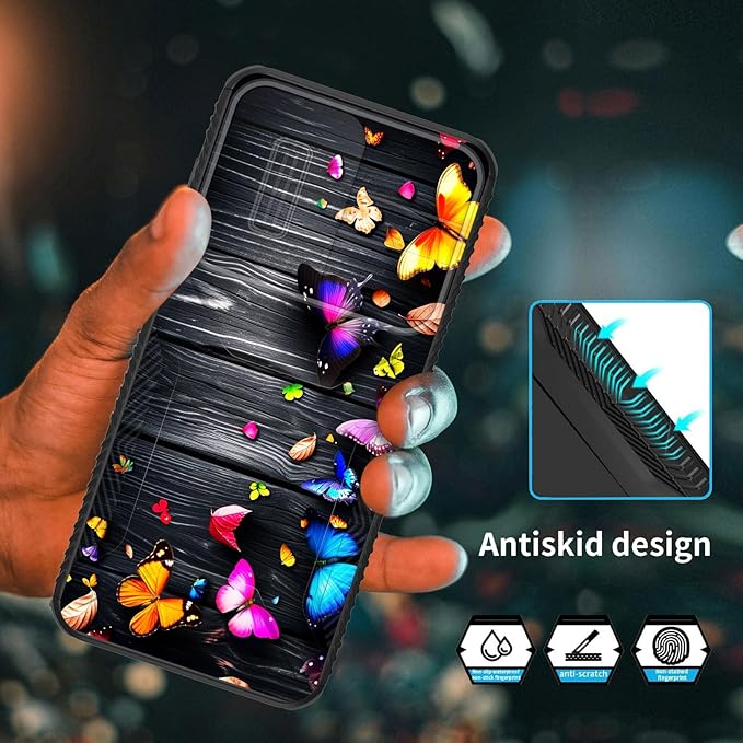 for Galaxy A17 5G Case Built in Slide Camera Lens Cover,Heavy Duty Shockproof Protection Dual Layer Case for Samsung Galaxy A17 5G 6.7" 2025,Colorful Butterflies on Wooden