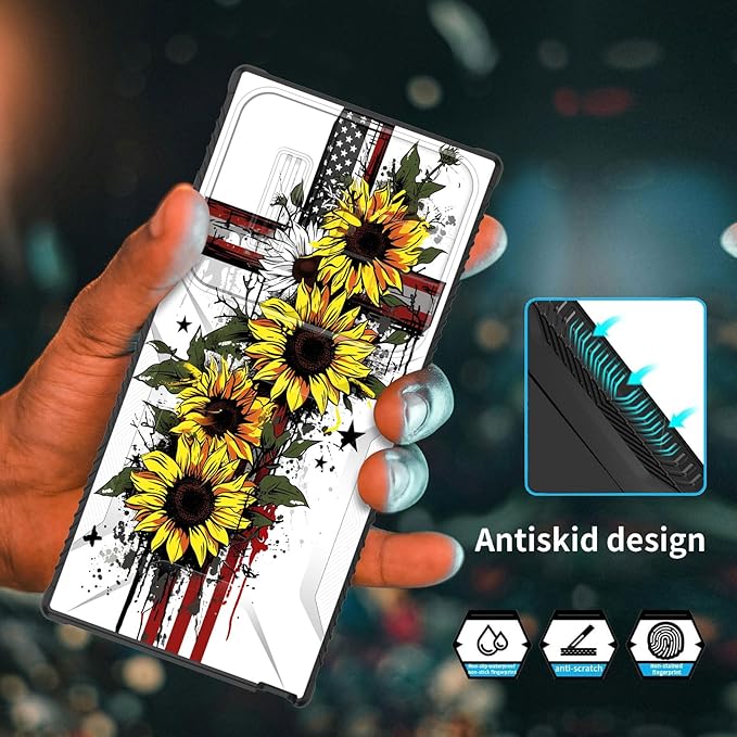 for Galaxy S26 Ultra Case Built in Slide Camera Lens Cover,Heavy Duty Shockproof Protection Dual Layer Case for Samsung Galaxy S26 Ultra 6.9" 2026,Cross American Flag Sunflower