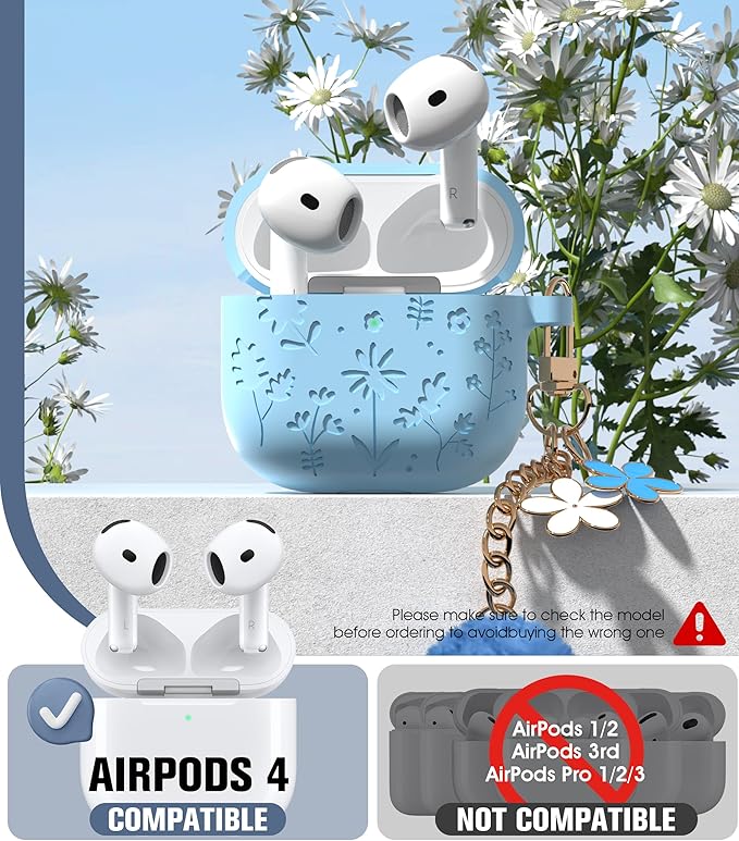 Seltureone Compatible with AirPods 4 Case Cute with Cherry Blossom Keychain and Cleaning Kit, Soft Silicone Shockproof Flower Engraved Cover Compatible with AirPod 4 Case Cover - Baby Blue