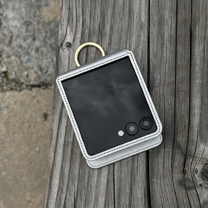 [BeYourSanta] Galaxy Z Flip 7 Case with Ring - Avant-Garde Handmade Saffiano Vegan Leather Case, Anti-Scratch Hinge Protection, Made in Korea (3 Pockets, Light Silver)